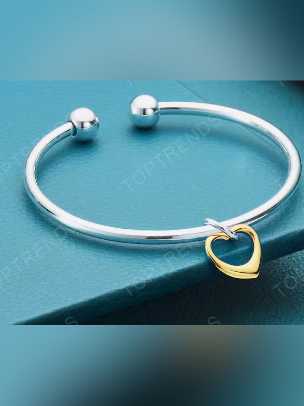 Silver Tone Open Bangle Bracelet with Gold Heart Charm - Women Jewelry